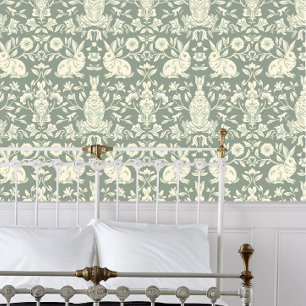 Papier Peint Lapins de Crème Cottagecore sur Sage Green