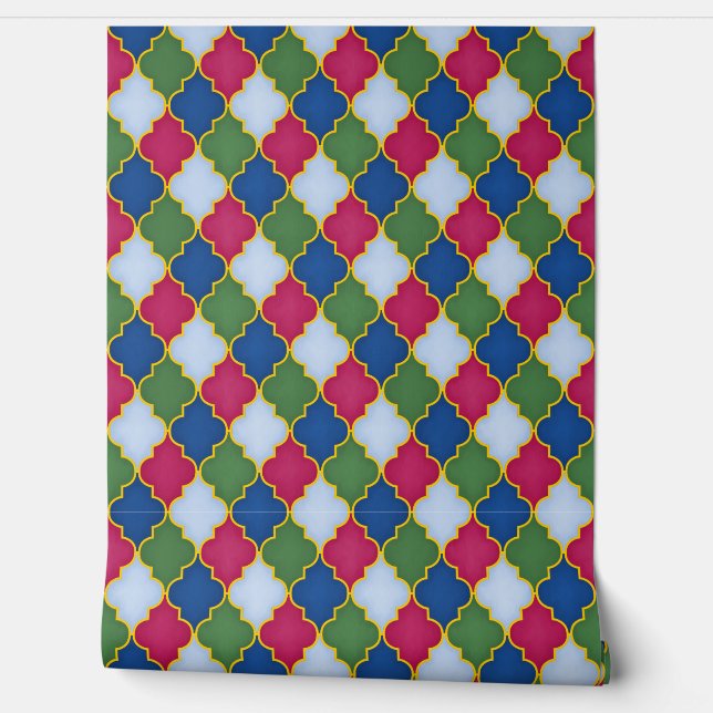 Papier Peint Latis bleu marocain géométrique (Déroulement)