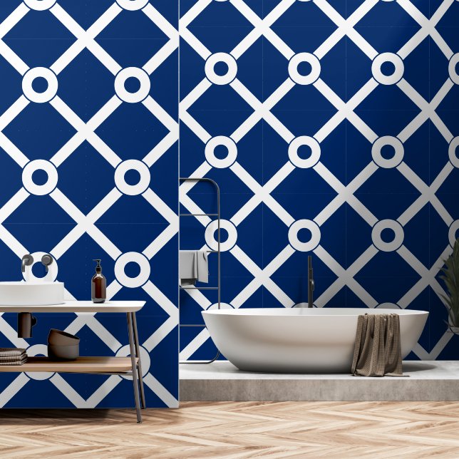 Papier Peint Lattice moderne bleu marine et blanc (Salle de bain)
