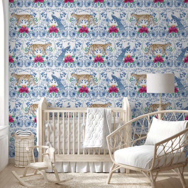 Papier Peint Leopard Peacock Chinoiserie Floral Bleu et Blanc (Enfants)