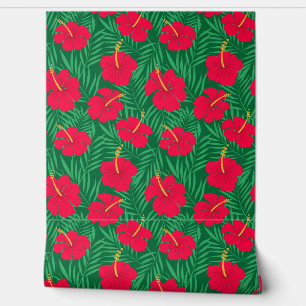 Papier Peint Les fleurs rouges d'Hibiscus sur les Feuilles trop