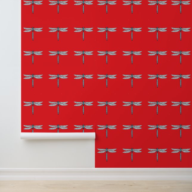 Papier Peint libellule bleue en rouge (Application)