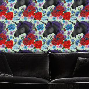 Papier Peint Licorne noire Sage vert Fleurs de jardin de minuit