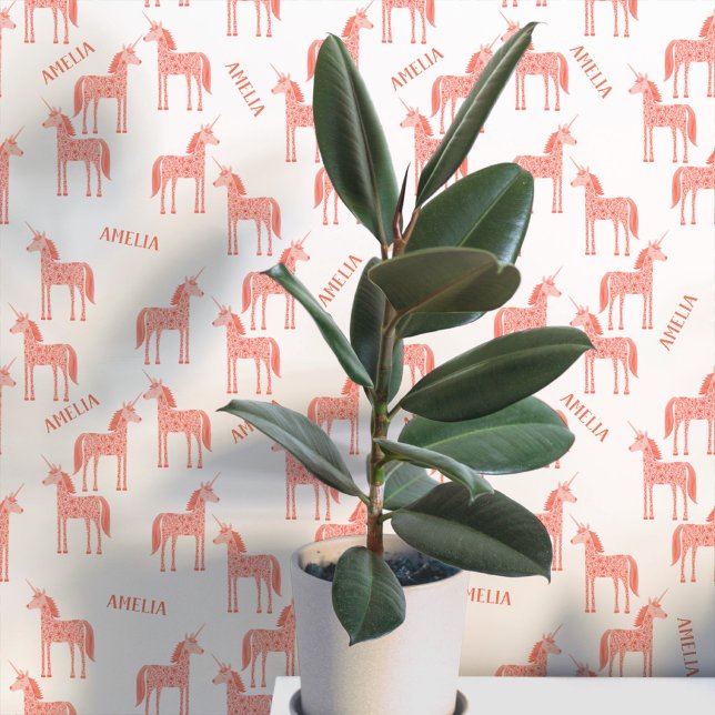 Papier Peint Licorne personnalisée rose (Personalized custom name pink unicorn peel and stick wallpaper for a nursery, baby or girl’s room)