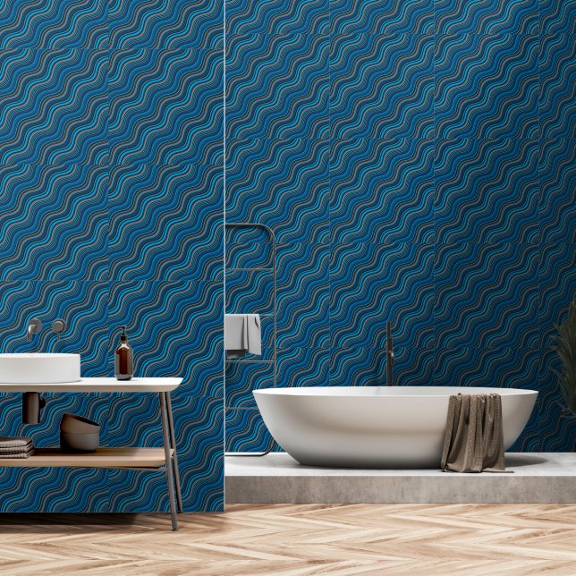 Papier Peint Lignes ondulées turquoise psychédélique (Salle de bain)