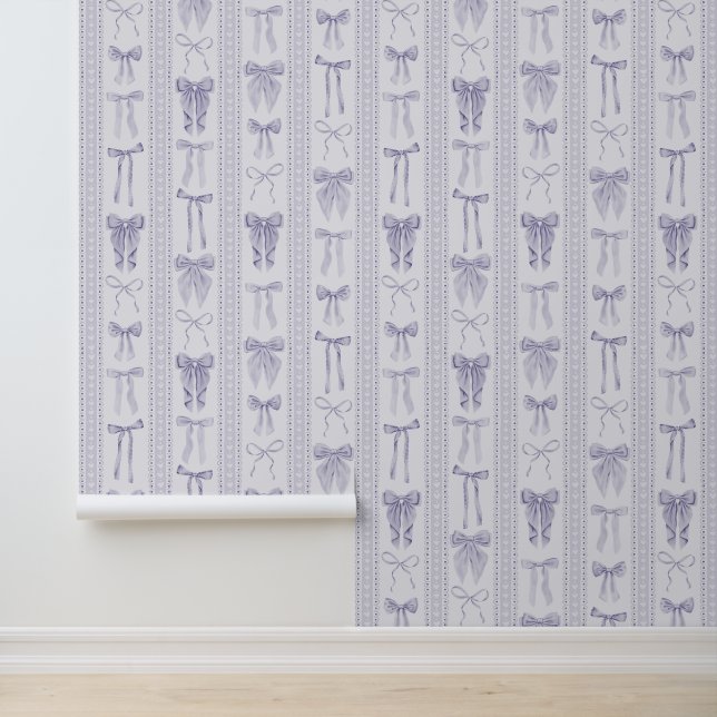 Papier Peint Lilac Bows with Lace Vertical Stripes (Application)
