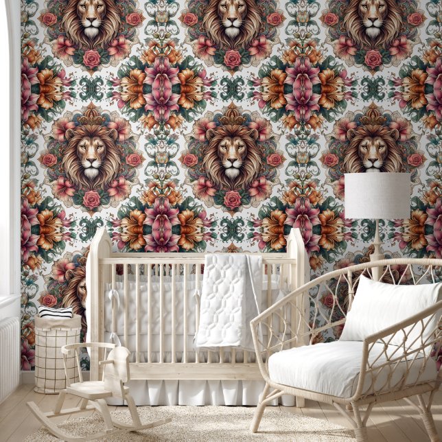 Papier Peint Lion majestueux & Harmonie florale Boho (Enfants)