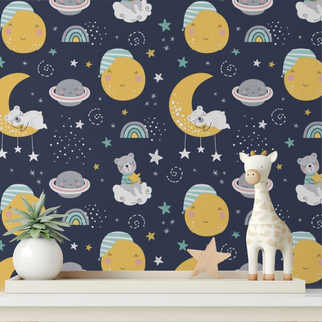Papier Peint Little Bear Cute Moon Stars Planètes Enfants Motif (Créateur téléchargé)