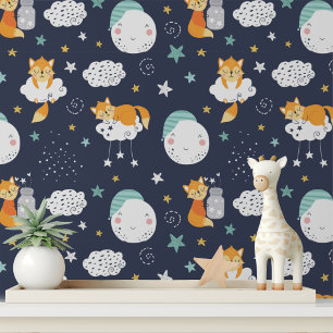 Papier Peint Little Fox Cute Moon Stars Enfants Motif