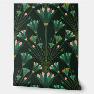 Papier Peint Lotus Art Déco - Lotus à coquilles - Vert émeraude
