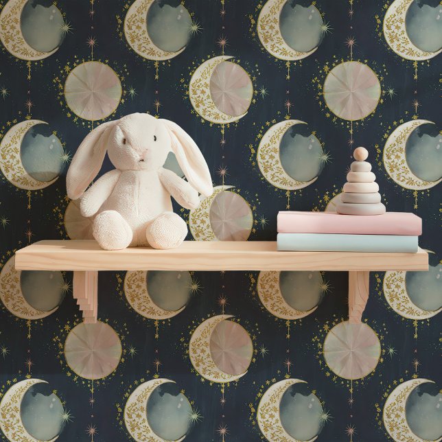 Papier Peint Lune Céleste Phases Dorées & Étoiles  (Créateur téléchargé)
