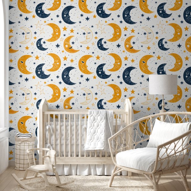 Papier Peint Lune jaune bleu et étoiles (Enfants)