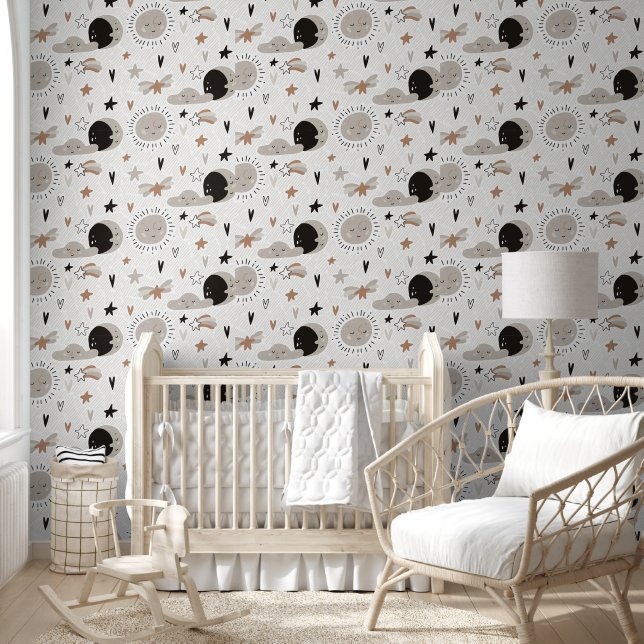 Papier Peint Lune, Soleil, Nuages, Coeurs et Étoiles Nursery (Enfants)