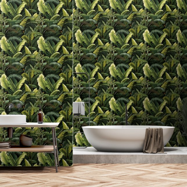 Papier Peint Luxueux Feuilles tropicaux Dark Green (Salle de bain)