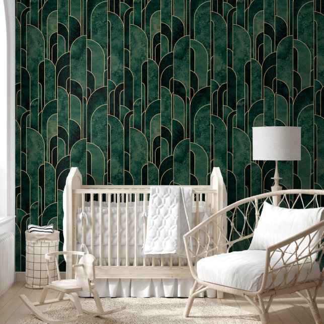 Papier Peint Luxueux Motif Art déco Vert et Or (Enfants)