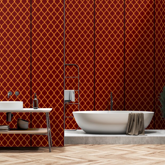 Papier Peint luxueux rouge et or géométrique (Salle de bain)