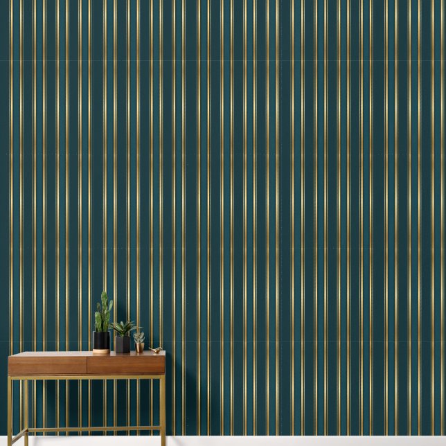 Papier Peint Luxury Blue Green Gold Stripe Wallpaper Pattern (Couloir)