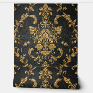 Papier Peint Luxury Vintage Damask Royal Black Floral Gold