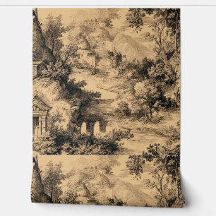 Papier Peint  Luxury Vintage Toile Jouy Black Ink Beige French