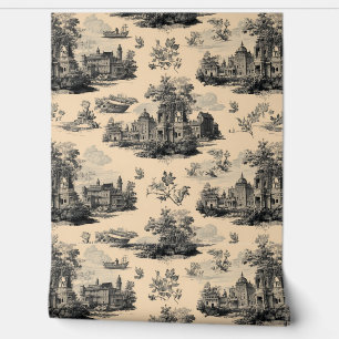Papier Peint  Luxury Vintage Toile Jouy Black Ink Beige French