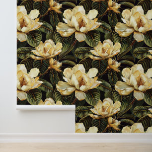 Papier Peint Magnolia fleurie de pétales verts style vintage