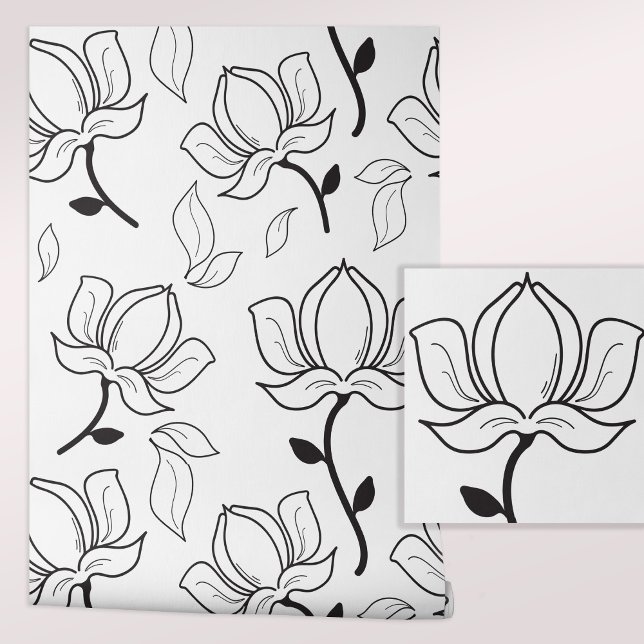 Papier Peint Magnolias floral noir blanc (Stylish Magnolia Pattern Peel and Stick Wallpaper.)