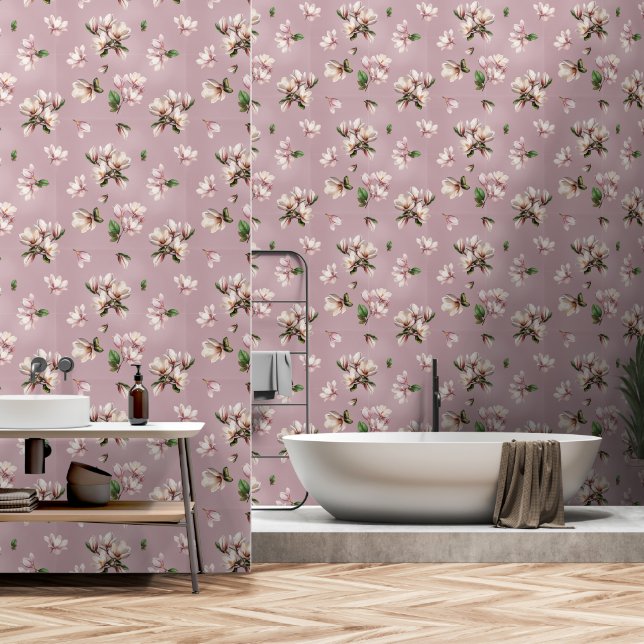 Papier Peint Magnolias sur Mauve (Salle de bain)