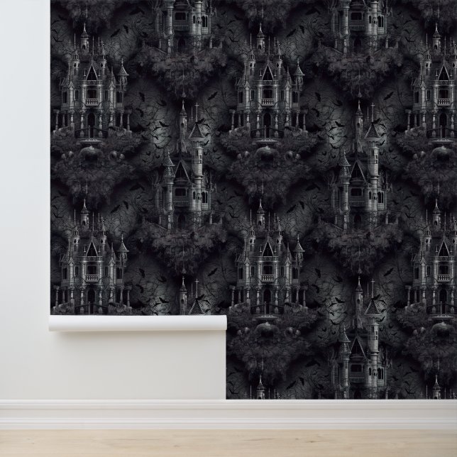 Papier Peint Maisons et chauves-souris gothiques Haunween (Application)