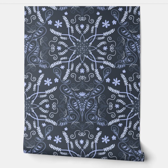 Papier Peint Mandala Botanique Bleu de minuit (Déroulement)