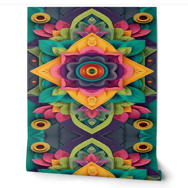 Papier Peint Mandala floral vibrant à plusieurs couches (Déroulement)
