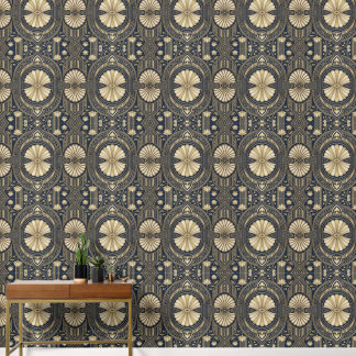 Papier Peint Mandala Lotus Art Déco Navy et Or Patte Géométriqu