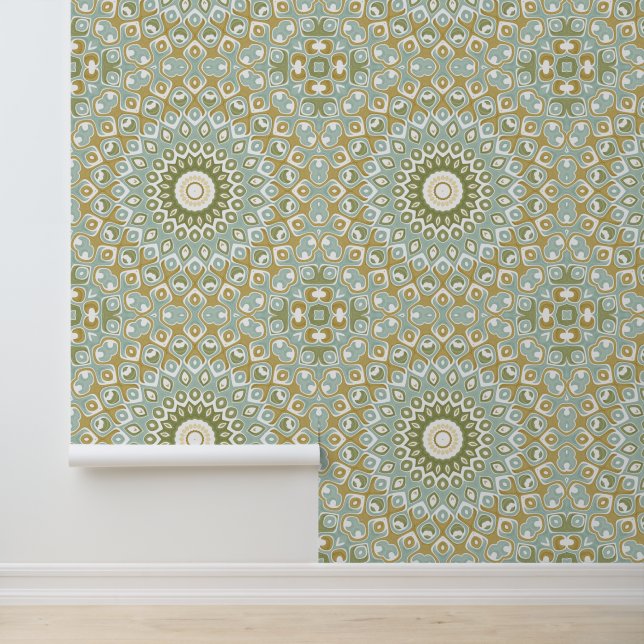 Papier Peint Mandala Terrien en Vert, Or et Bleu Clair (Application)