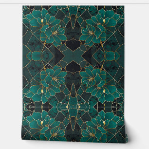 Papier Peint Marbre Art Déco Mosaïque Floral Emerald Vert & Or