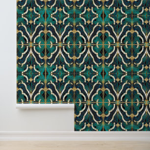 Papier Peint Marbre de luxe Mosaïque Art Déco Bleu Or & Turquoi