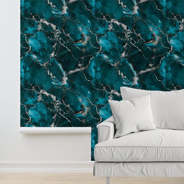 Papier Peint Marbre métallisé argent turquoise (Créateur téléchargé)