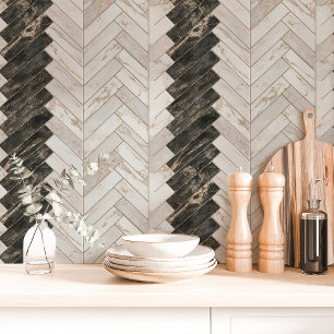 Papier Peint Marbre noir et blanc en chevron à cabochons