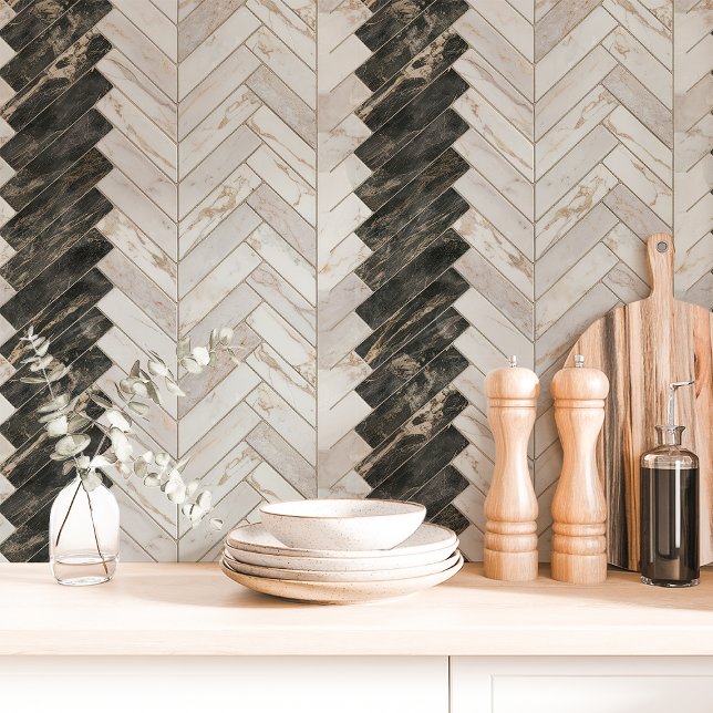 Papier Peint Marbre noir et blanc en chevron Herringbone (Créateur téléchargé)