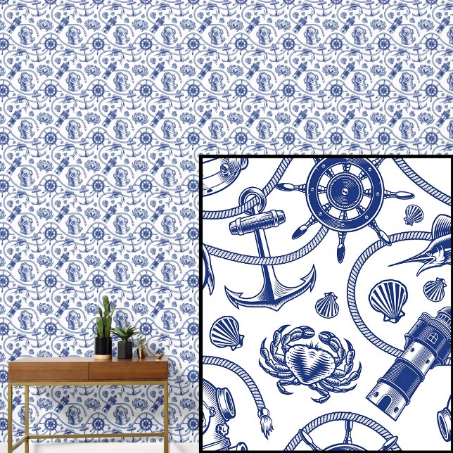 Papier Peint Marine Blue Nautique Design sur blanc (Créateur téléchargé)