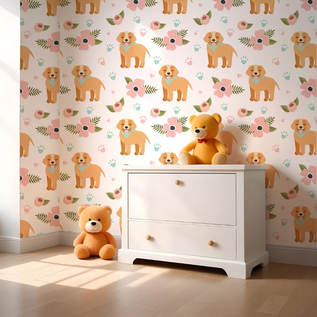 Papier Peint Marionnettes dorées et motifs floraux (Cute Golden Retriever Puppies & Floral Pattern Wallpaper)
