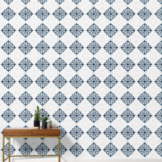 Papier Peint Marocain Quatrefoil Bleu et Marbre blanc
