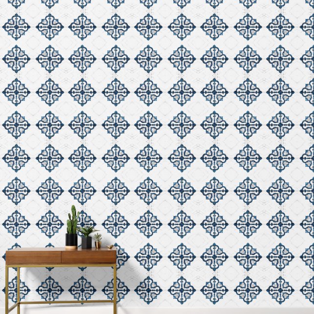 Papier Peint Marocain Quatrefoil Bleu et Marbre blanc (Couloir)