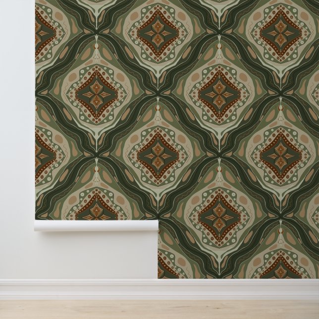Papier Peint Marron et Kaki Boho Ambiance Terreuse (Application)