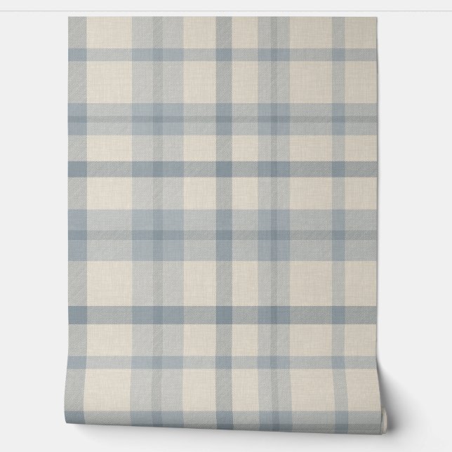 Papier Peint Masculine Muted Blue Plaid w/ Linen Texture (Déroulement)