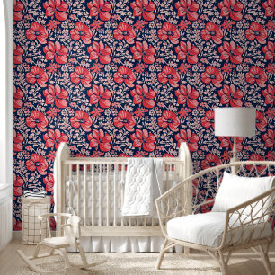 Papier Peint Maximalisme audacieux Fleurs sauvages bleues et ro