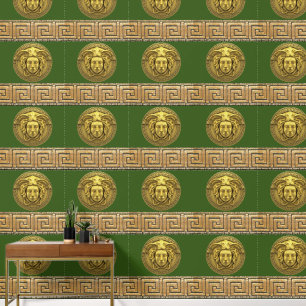 Papier Peint Medusa et clé grecque or sur fond vert chasseur