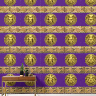 Papier Peint Medusa et clé grecque or sur pourpre impérial