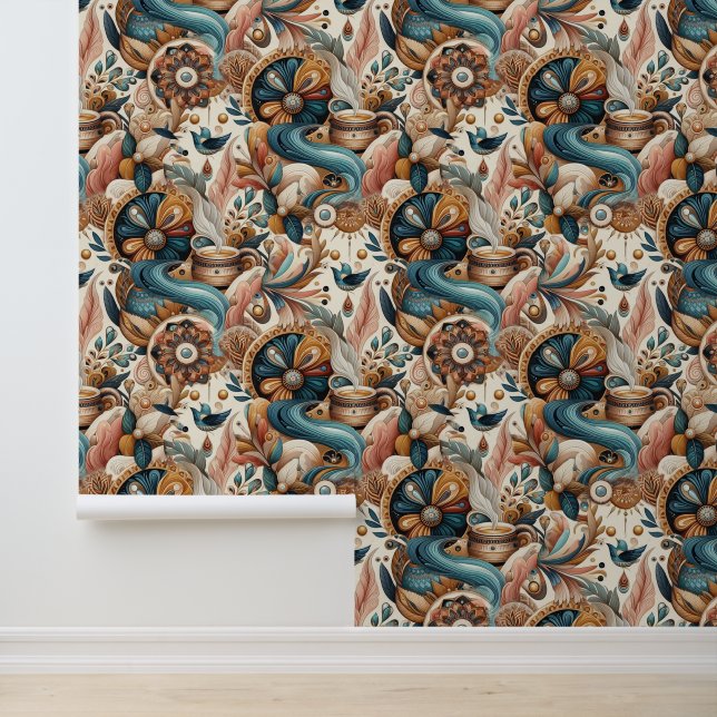 Papier Peint Mélange bohème turquoise, magenta, violet sur crèm (Application)