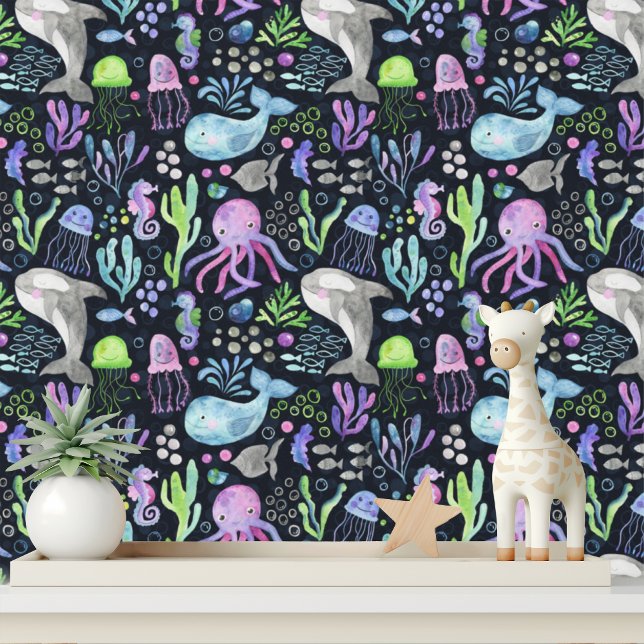 Papier Peint Mer Cute Océan Animaux Baleines poulpe méduse (Créateur téléchargé)