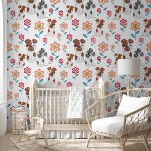 Papier Peint Mère chien mignonne et bébés, motif de fleurs
