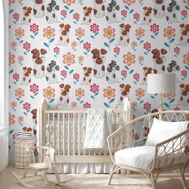 Papier Peint Mère chien mignonne et bébés, motif de fleurs (Enfants)